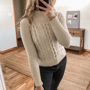 Pink Tartan Wool Cashmere Chunky Knit Mock Neck Long Sleeve Cream Sweater S